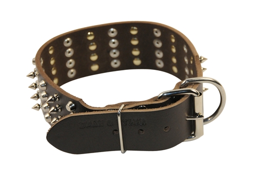 Superior Leather Dog Collar with 4 Rows of Hand Set Studs and Spikes  [S92##1064 4 Rows half spikes and half brass pyramids 2 inch] 